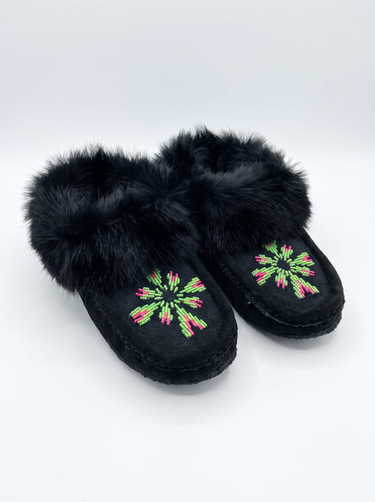 Black Moccasins with Beadwork (Size 7)