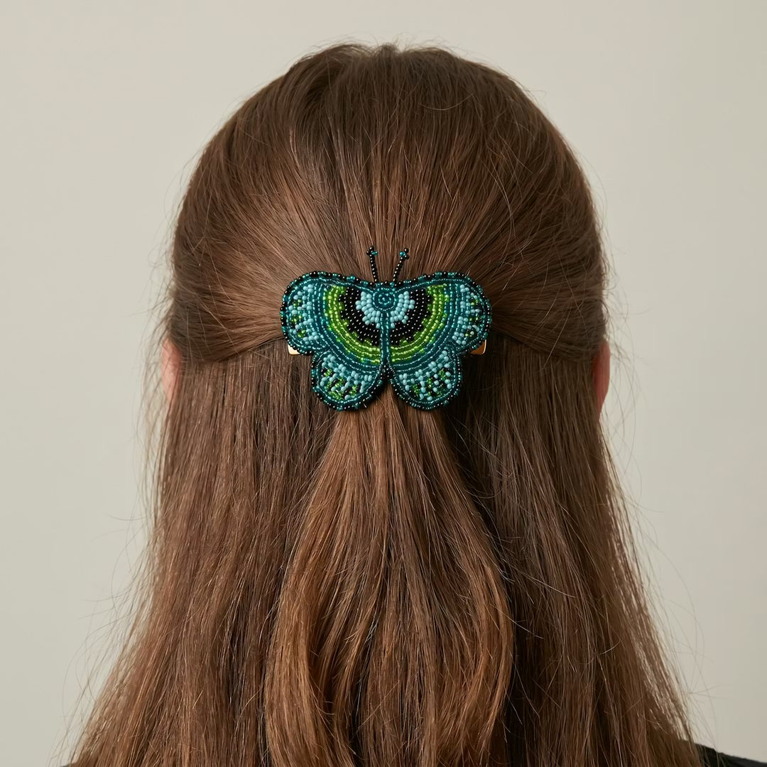 Green Butterfly Beaded Barrette