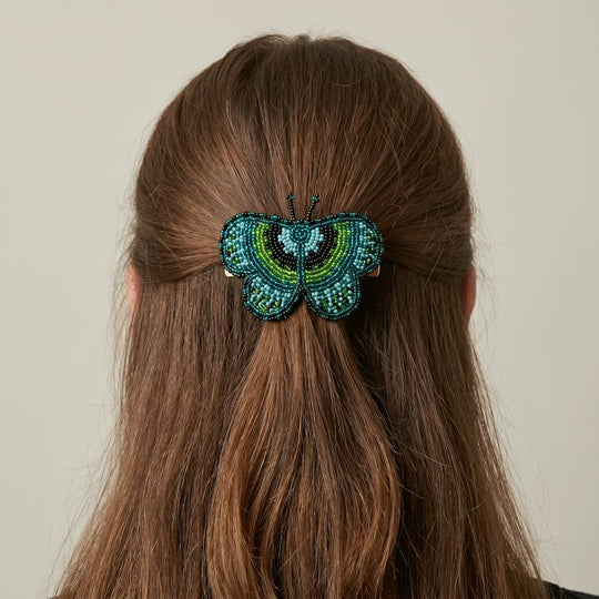 Green Butterfly Beaded Barrette