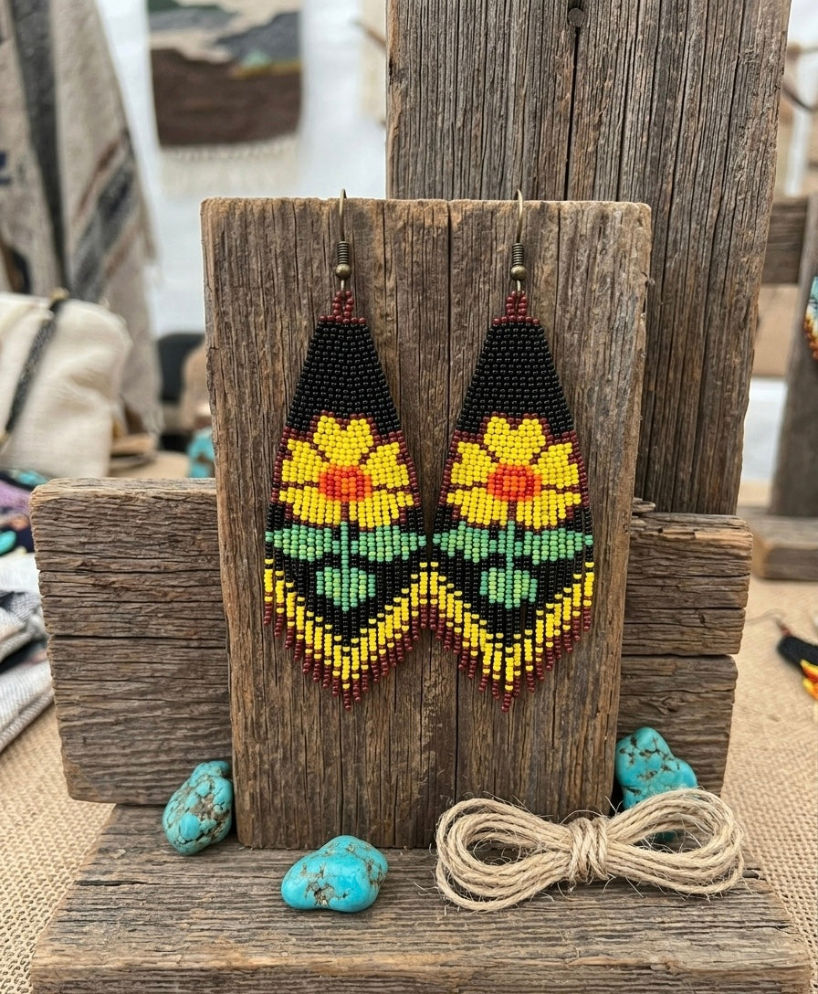 Flower Beaded Earrings ( Yellow )