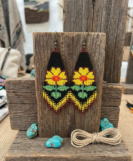 Flower Beaded Earrings ( Yellow )
