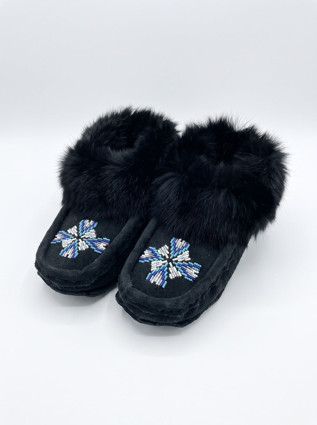 Black Moccasins with Beadwork (Size 8)