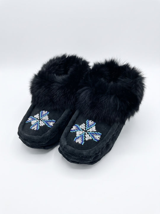 Black Moccasins with Beadwork (Size 8)