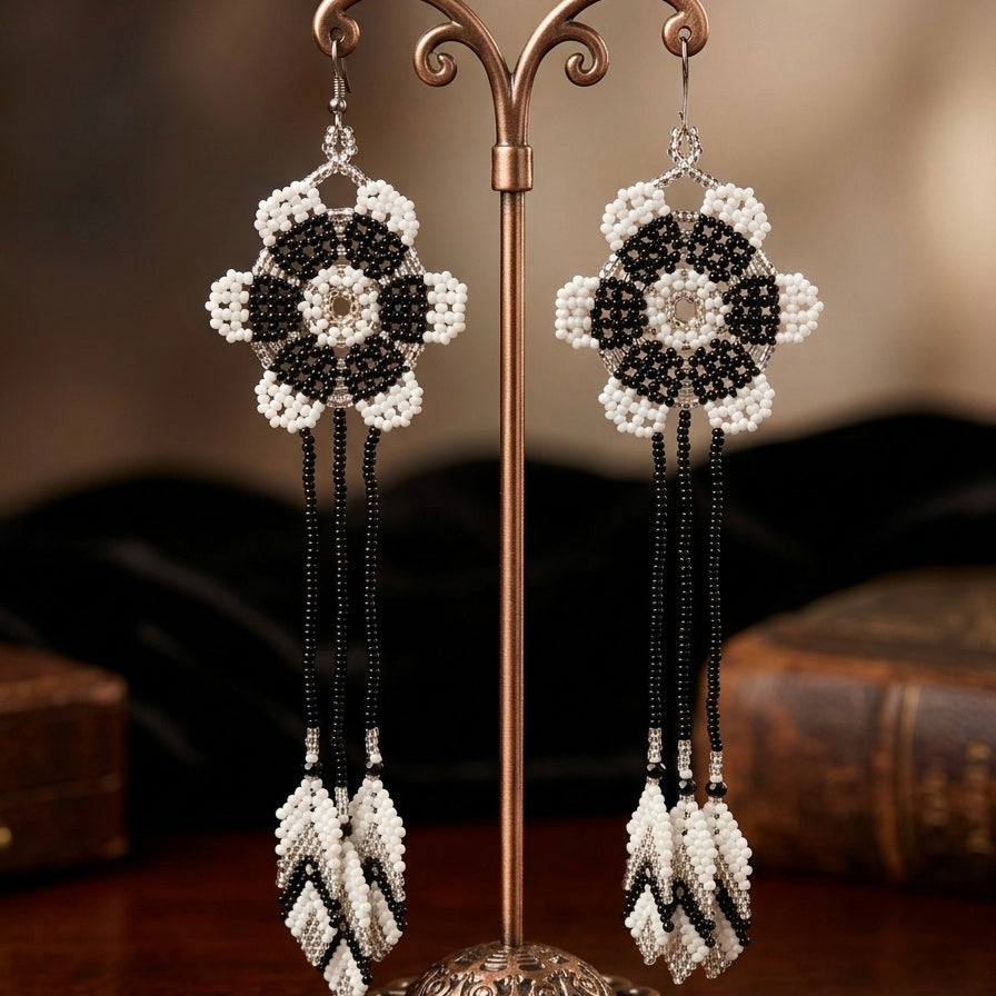 Sun Feather Bloom Beaded Earrings- black