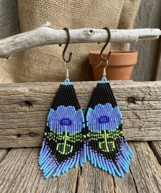 Flower Beaded Earrings ( Blue )