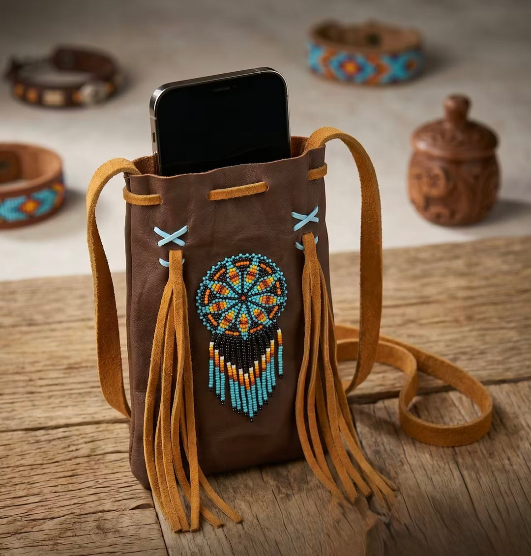 Beaded Suede Phone Pouch ~ Brown