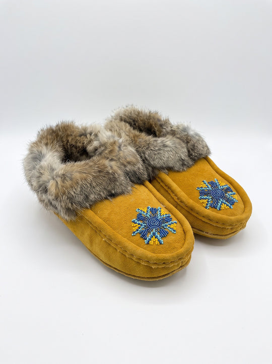 Yellow Moccasins with Beadwork (Size 8)
