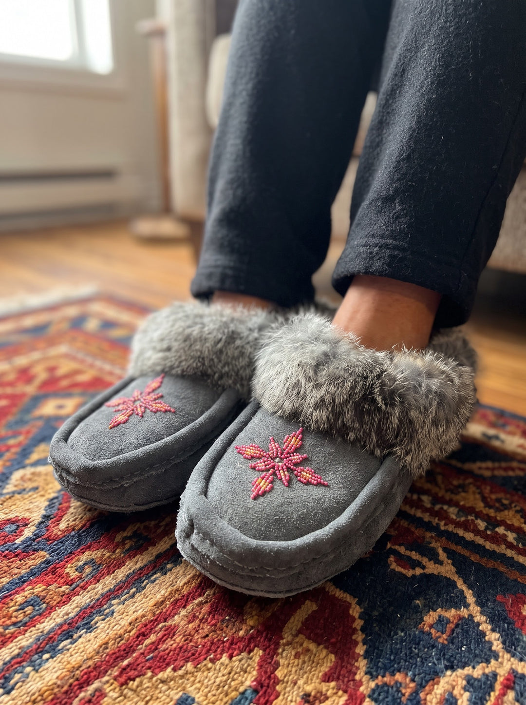 Grey Moccasins with Beadwork (Size 10)