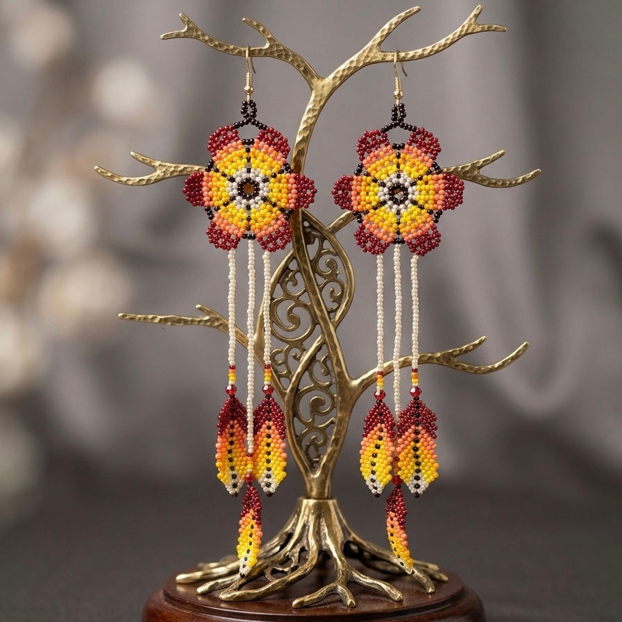 Sun Feather Bloom Beaded Earrings- burgundy/white