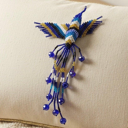 Dark blue white black Hummingbird Barrette with Fringes
