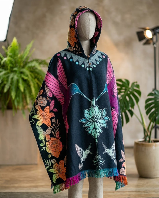 Hummingbirds  / flowers HandMade Wool Poncho