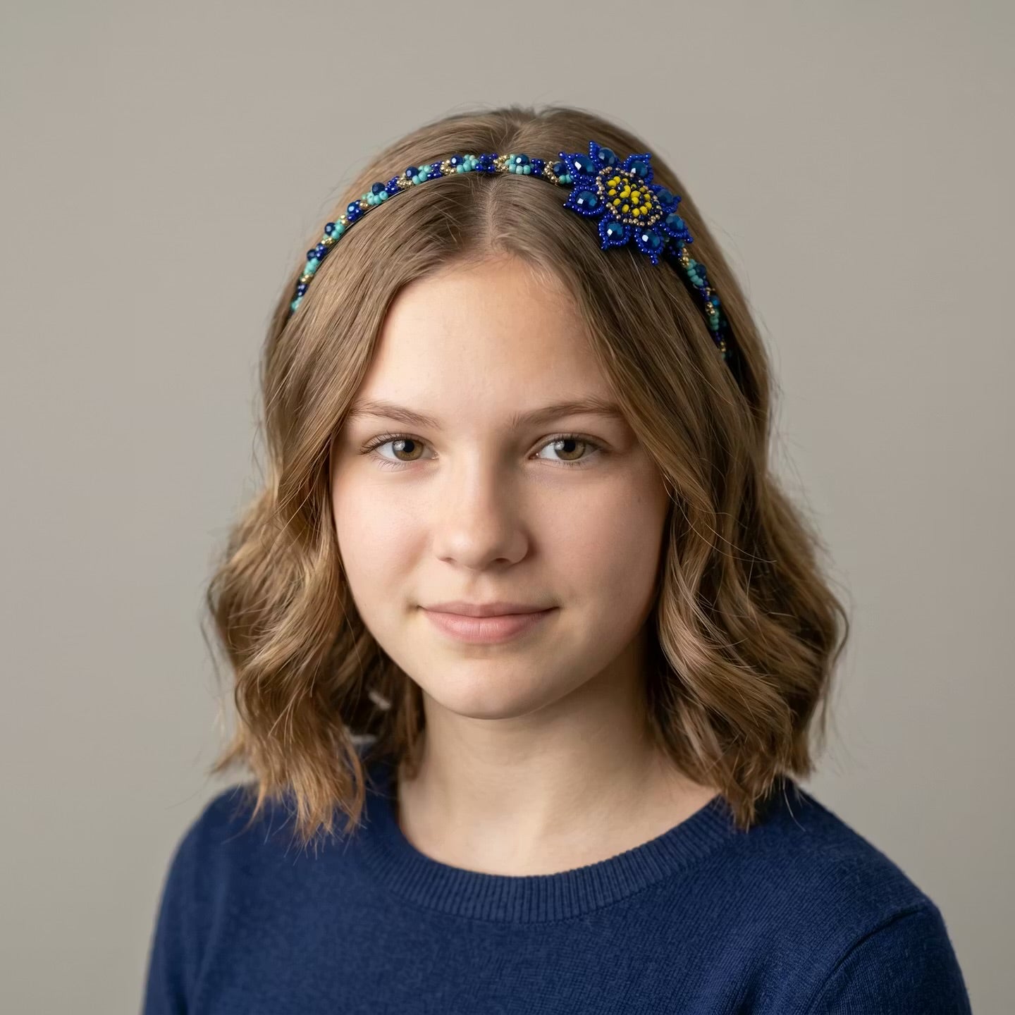 OLDTRIBES Beaded Headband with Flower Blue