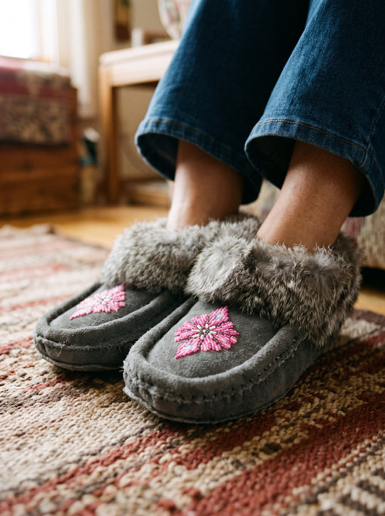 Grey Moccasins with Beadwork (Size 10)