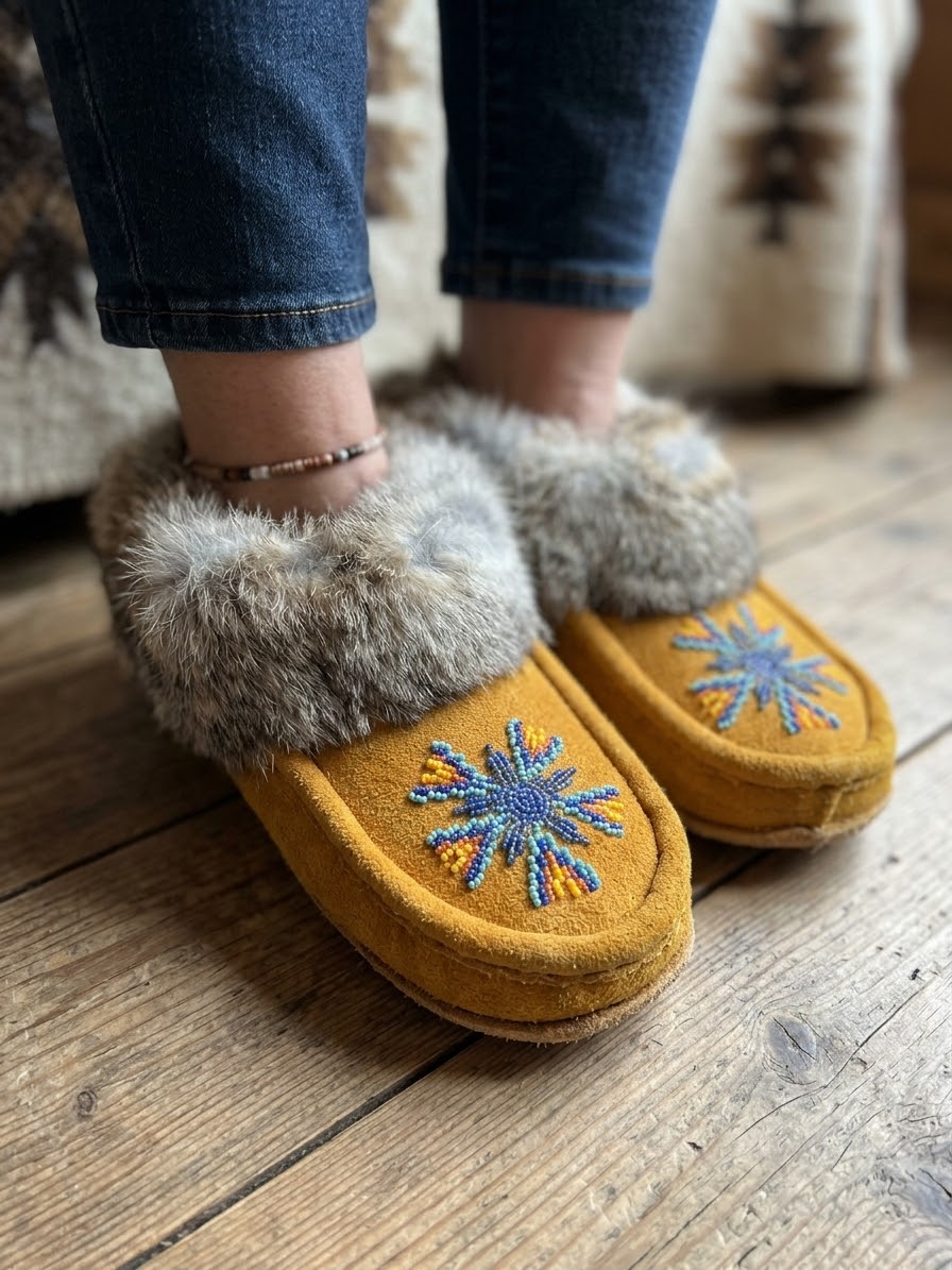 Yellow Moccasins with Beadwork (Size 7)