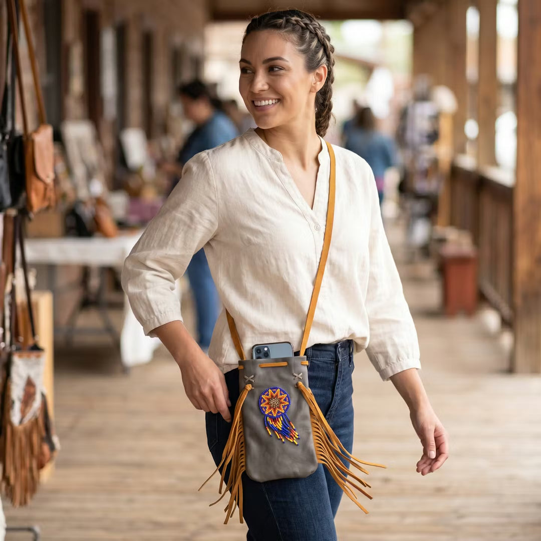 Beaded Suede Phone Pouch ~ Brown