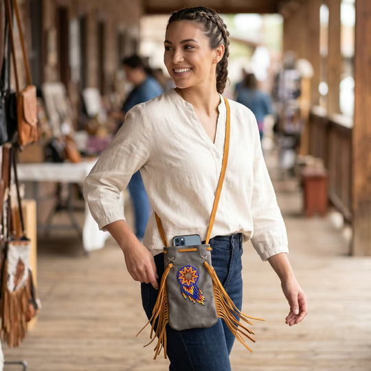 Beaded Suede Phone Pouch ~ Brown