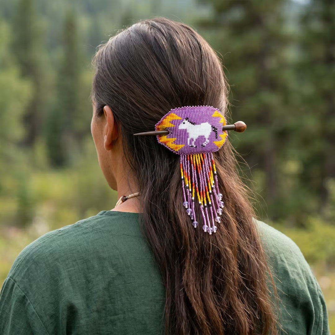 Fringed Beaded Barrette & Wooden Stick Horses