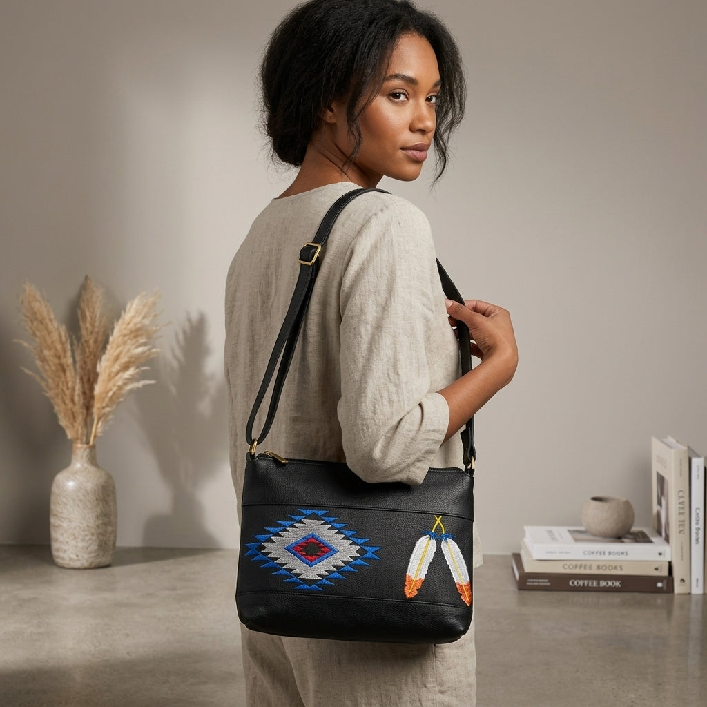 Feather Embroidered Leather Crossbody Bag