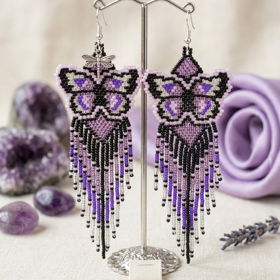 Purple  Beaded Dancing Wing Earrings