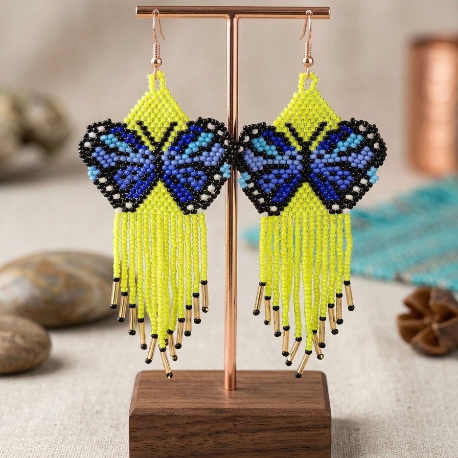 Green Beaded Dancing Wing Earrings