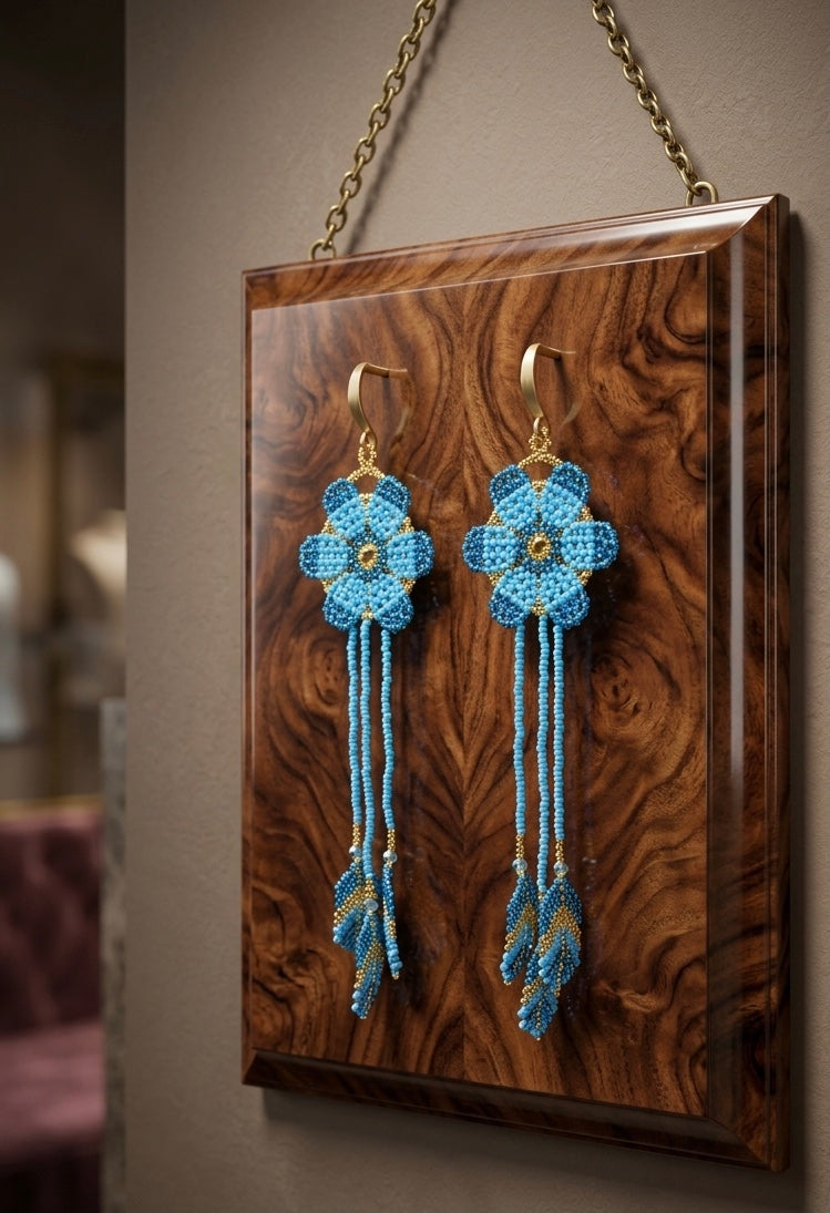 Sun Feather Bloom Beaded Earrings Celeste/gold/turquoise