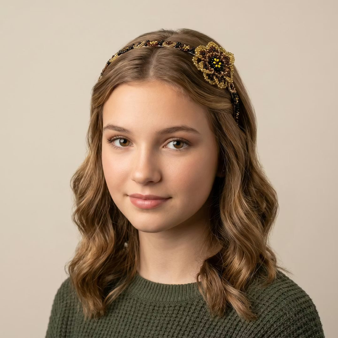Beaded Headband with Flower Brown