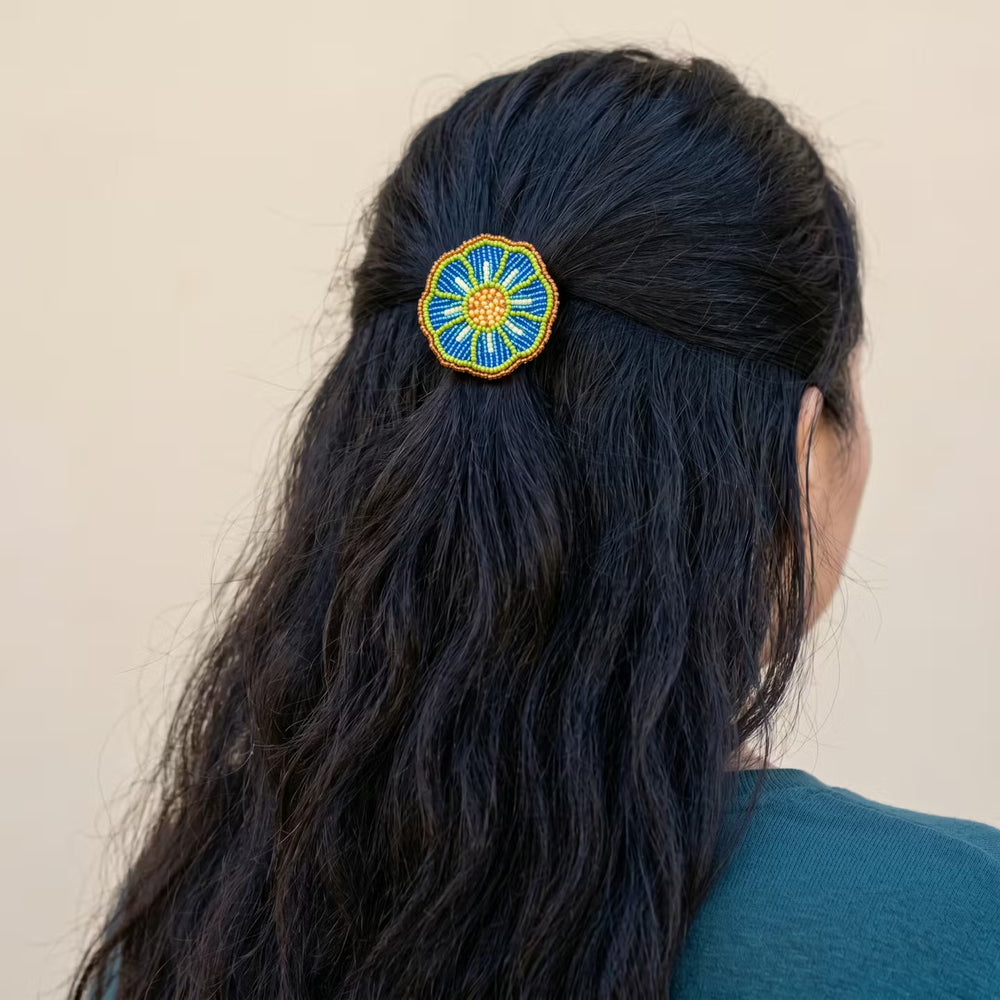 Blue Beaded Flower Barrette