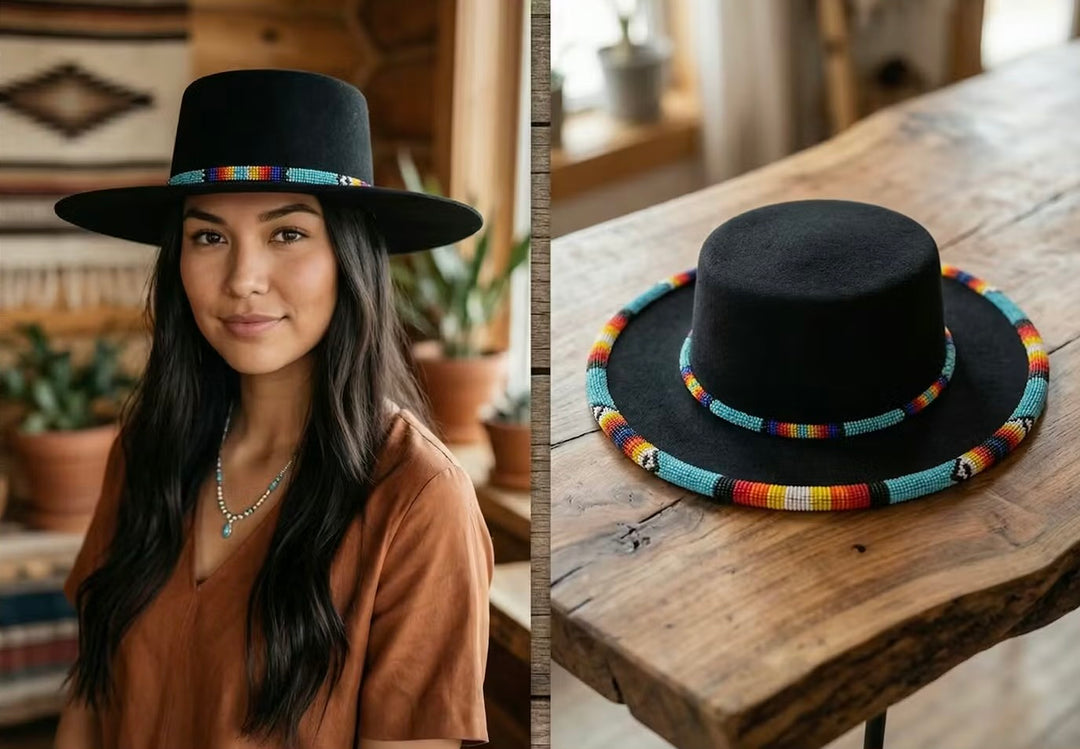 Size-62 Beaded Flat-Brim Felt Hat