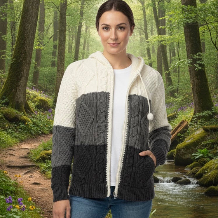 Grey and White Cayambe Alpaca Cable Knit Sweater