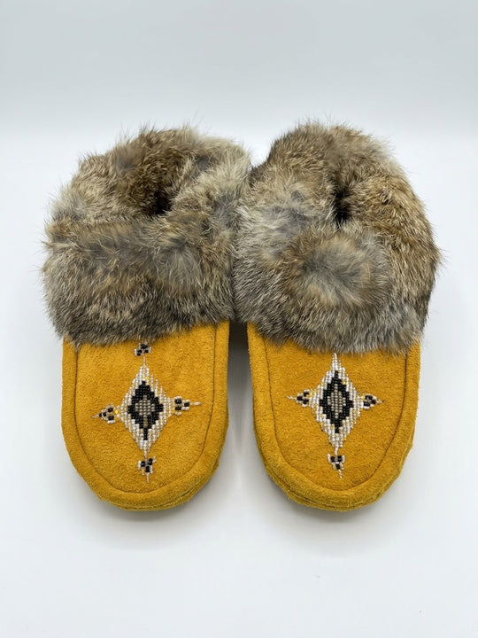 Yellow Moccasins with Beadwork (Size 7)