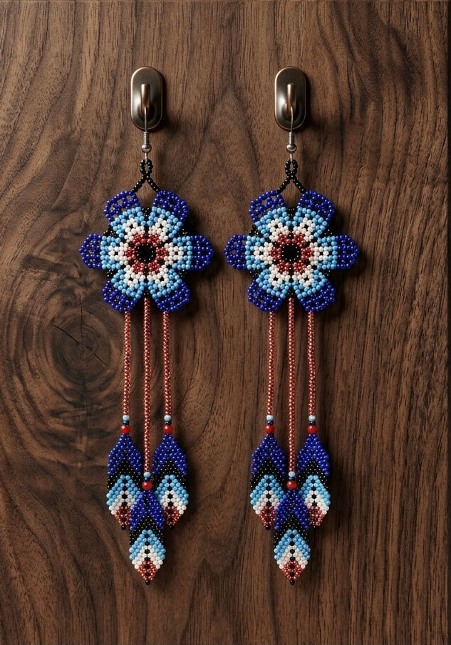 Sun Feather Bloom Beaded Earrings- rose pink/ light blue