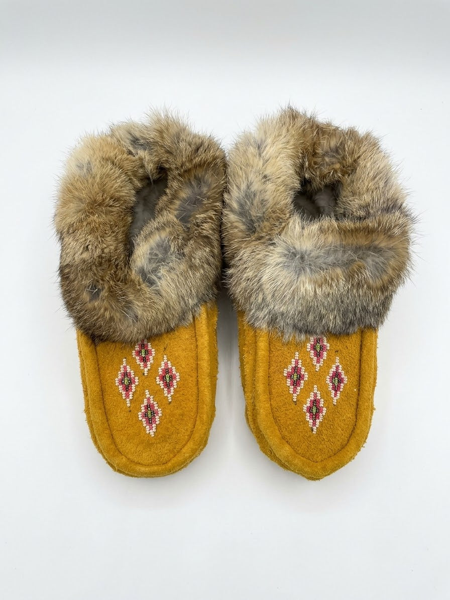 Yellow Moccasins with Beadwork (Size 7)
