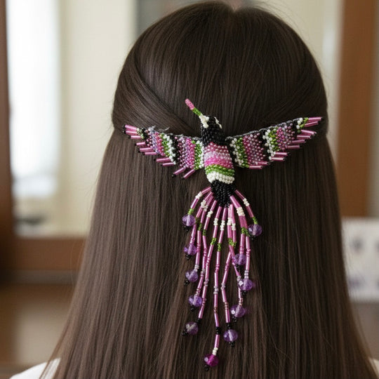 Black and green Hummingbird Barrette with Fringes