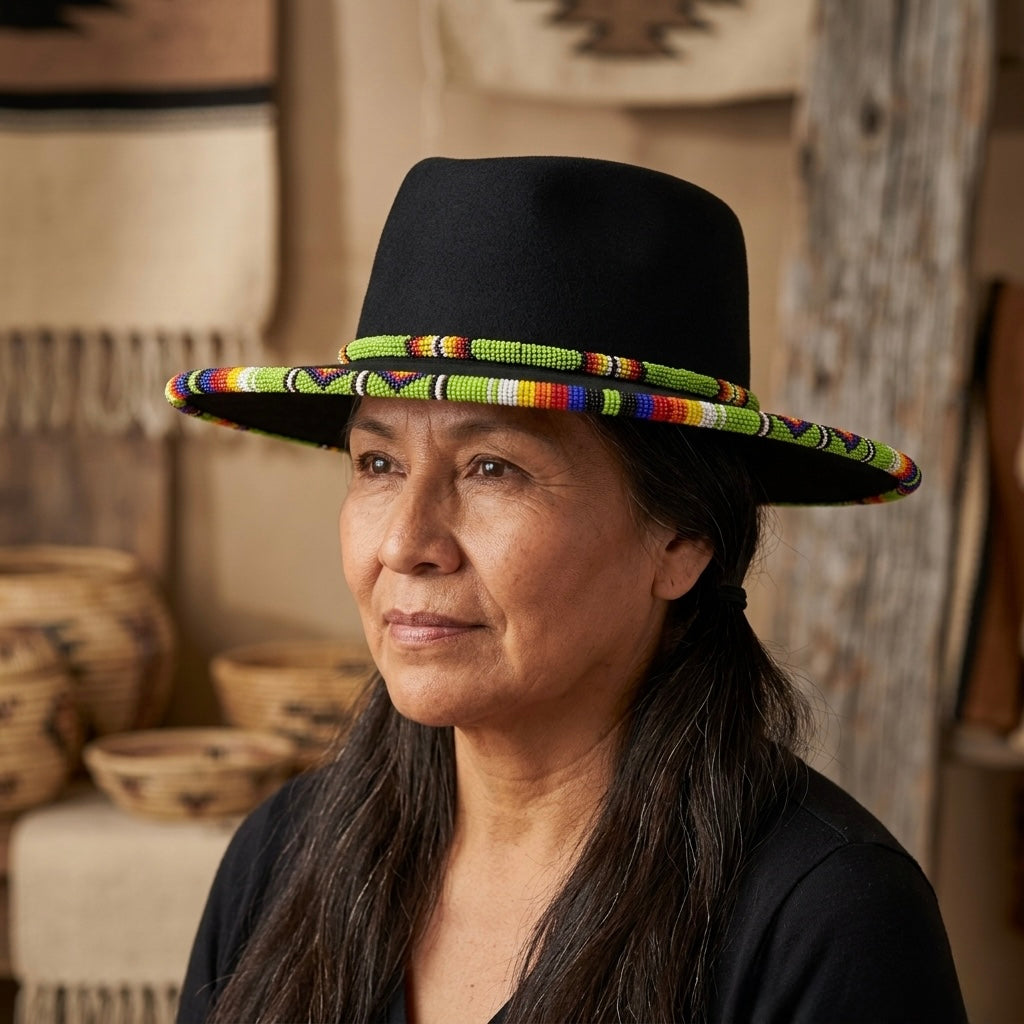 Size-57 Beaded Flat-Brim Felt Hat(BLACK)