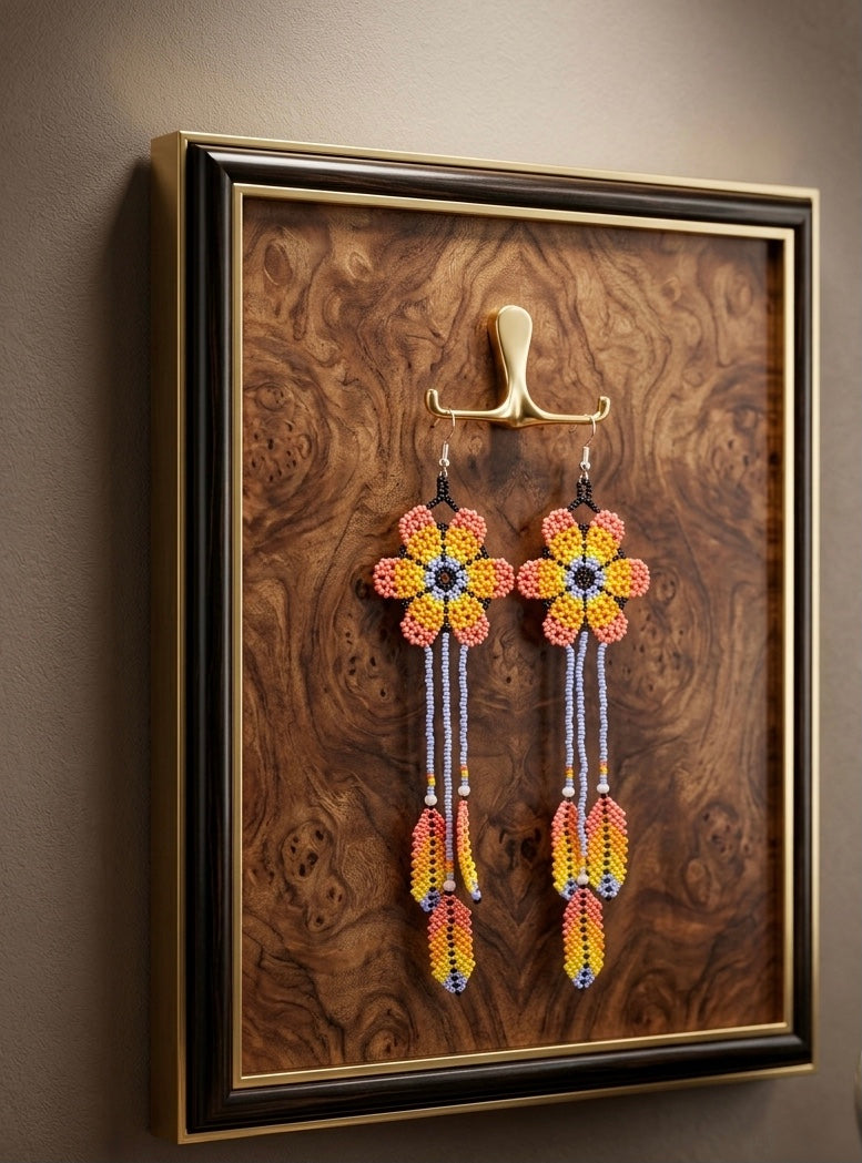 Sun Feather Bloom Beaded Earrings- peach/yellow