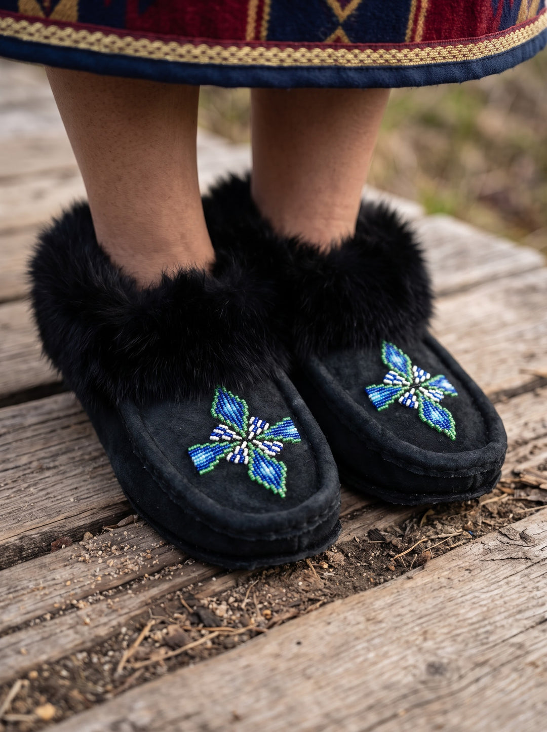 Black Moccasins with Beadwork (Size 8)