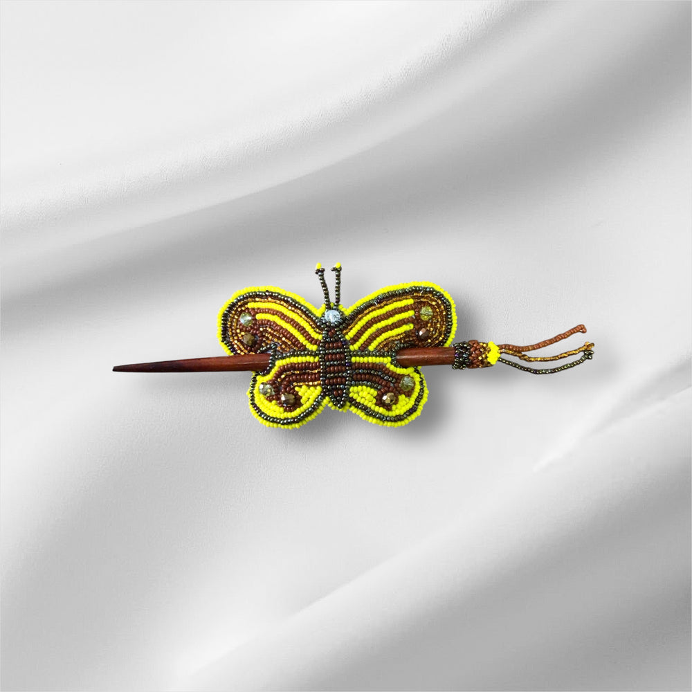 Dark brown yellow Handmade Beaded Butterfly Barrete