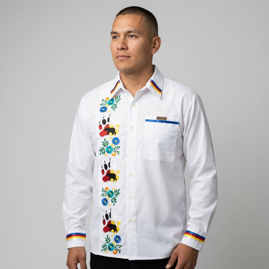 Embroidered white Ribbon Shirt (Bear Paw)