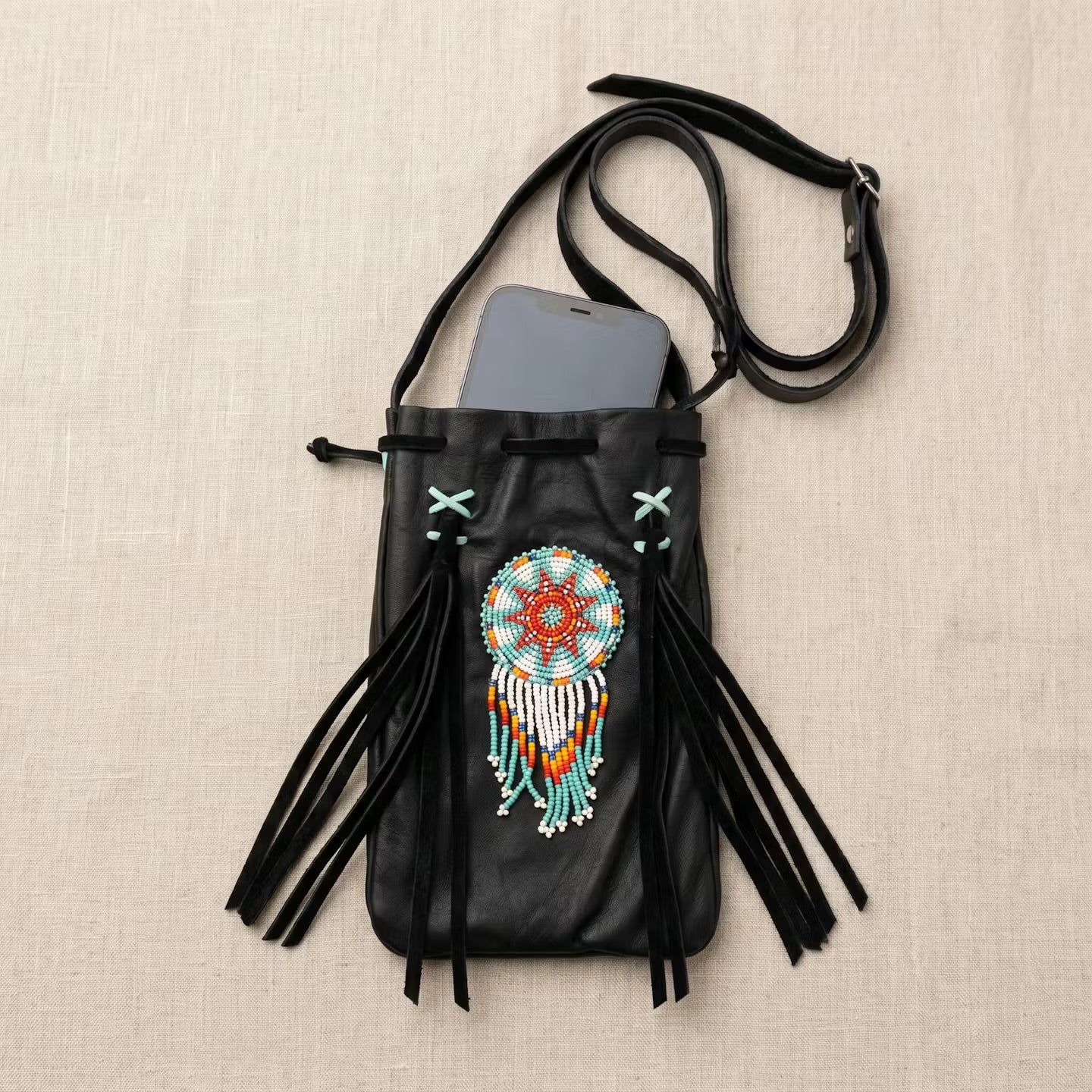 OLDTRIBES Beaded Suede Phone Pouch ~ Black