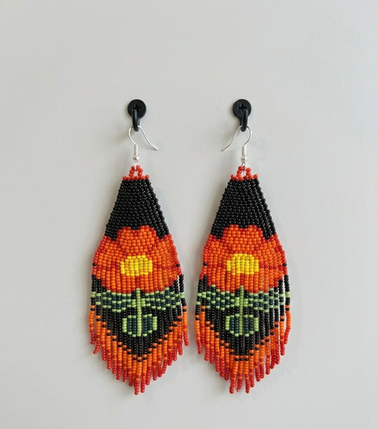 Flower Beaded Earrings ( Orange )