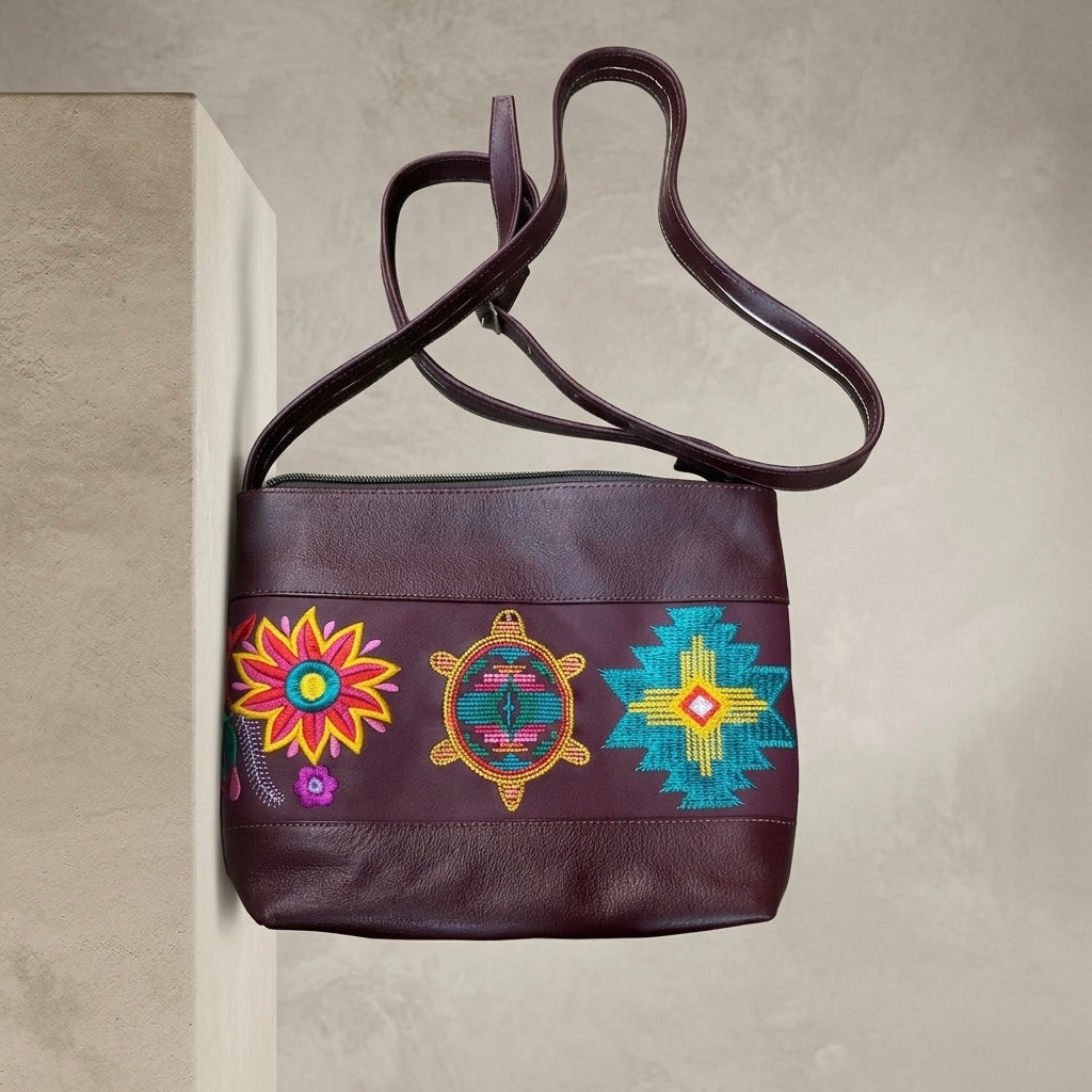 Turtle Embroidered Leather Crossbody Bag