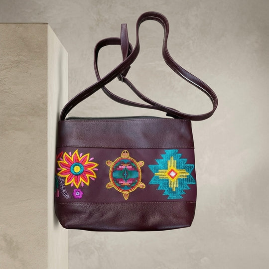 Turtle Embroidered Leather Crossbody Bag
