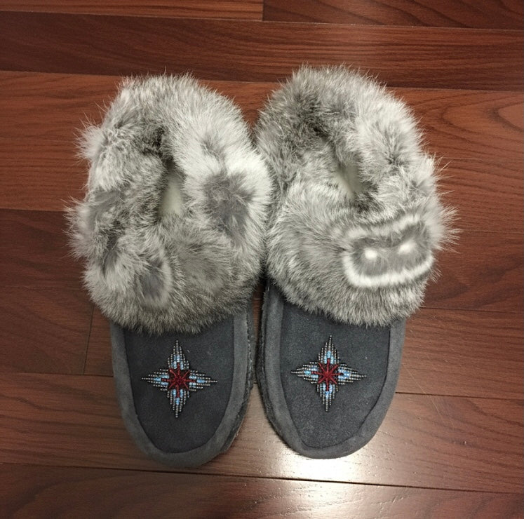 Black  Moccasins with Beadwork (Size 8)