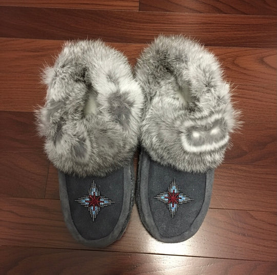 Black  Moccasins with Beadwork (Size 8)