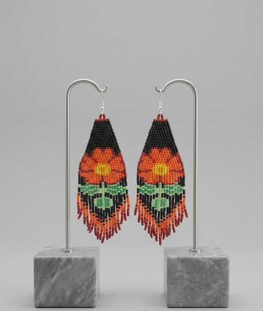 Flower Beaded Earrings ( Orange )