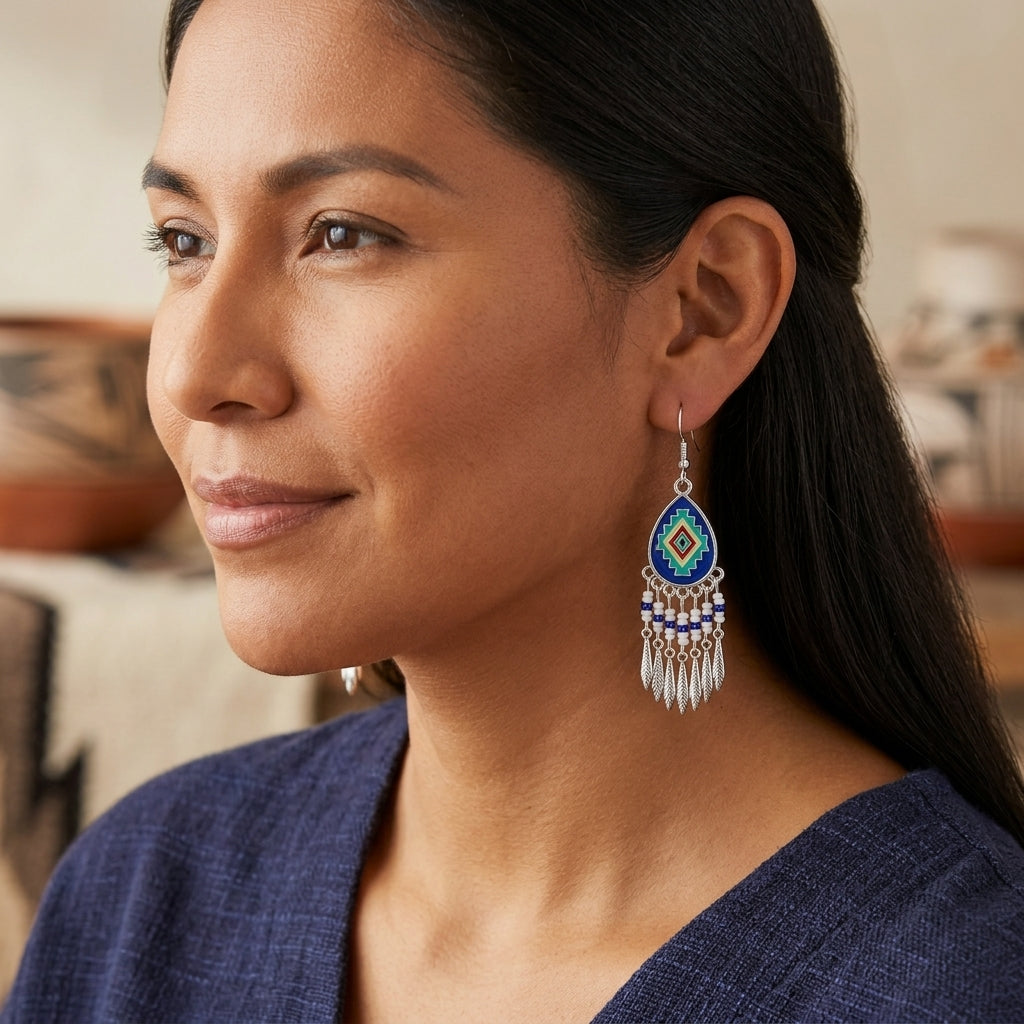 Southwestern Fringe Drop Earrings(Blue)