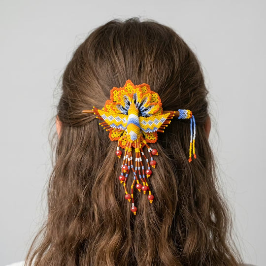 Maple Blossom Hummingbird Beaded Hair Stick Barrette Yellow