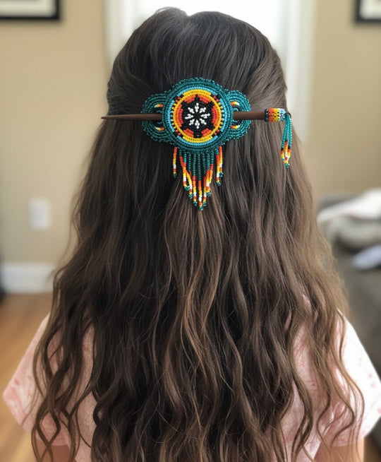 Fringed Beaded Barrette & Wooden Stick Turtle