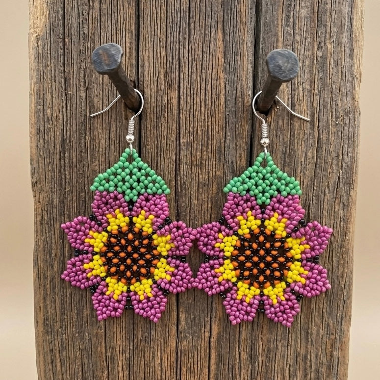 Sunflower Beaded Earrings (Purple)