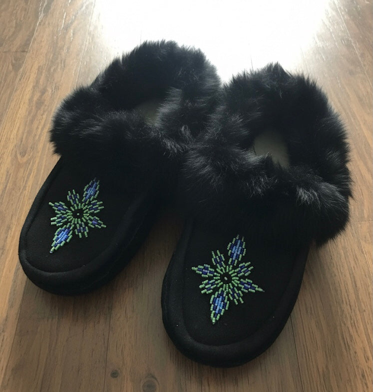 Black and Green Moccasins with Beadwork (Size 9)